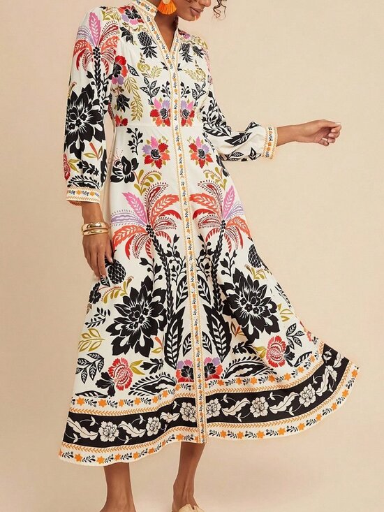 Dresses & Skirts - Khaki Boho Women's Palm Tree Print Long Sleeve Button Down Casual Midi Dress